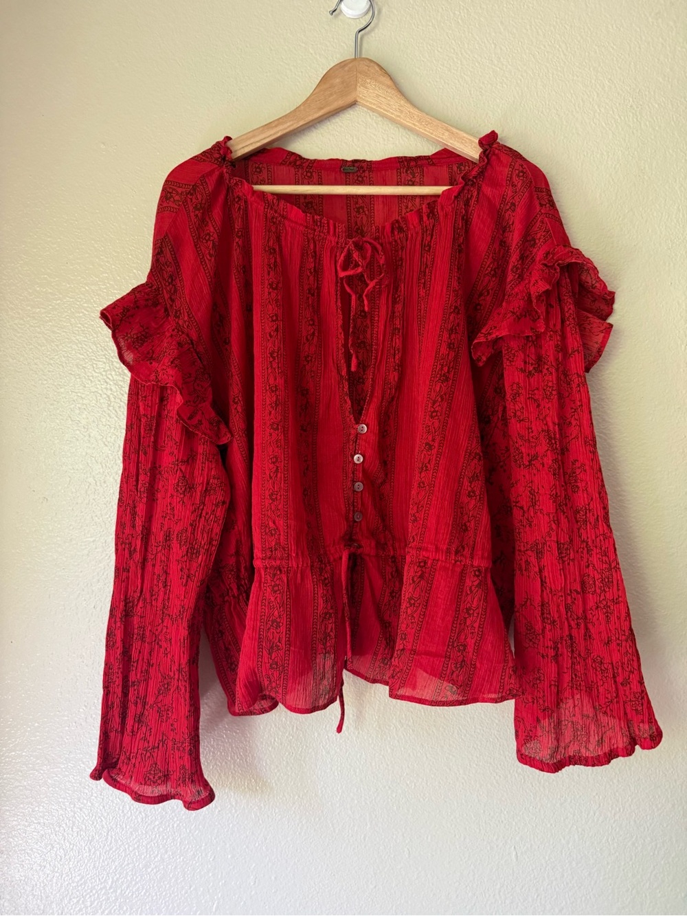 Free People Red Boho Ruffle Button-Front Blouse